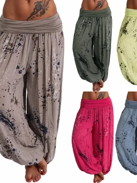 بنطلون فضفاض واسع الساق بطباعة التاي داي، خصر مرتفع مرن، مصنوع من ألياف البوليستر، بنطلون طويل مستقيم للنساء