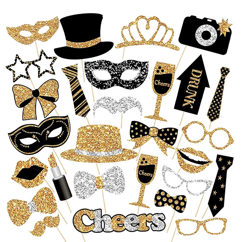 30pcs Black Golden Party Photo Booth Props for Birthday Weddings Graduation Prom New Year Party Supplies Hats Lipstick Tie Crown