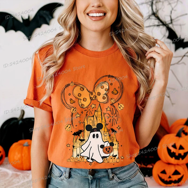 

Halloween Mickey Boo Printing Women Men T Shirt Cartoon Miniso Disney Castle Crewneck Tops Fashion Teenage Halloween T-shirts
