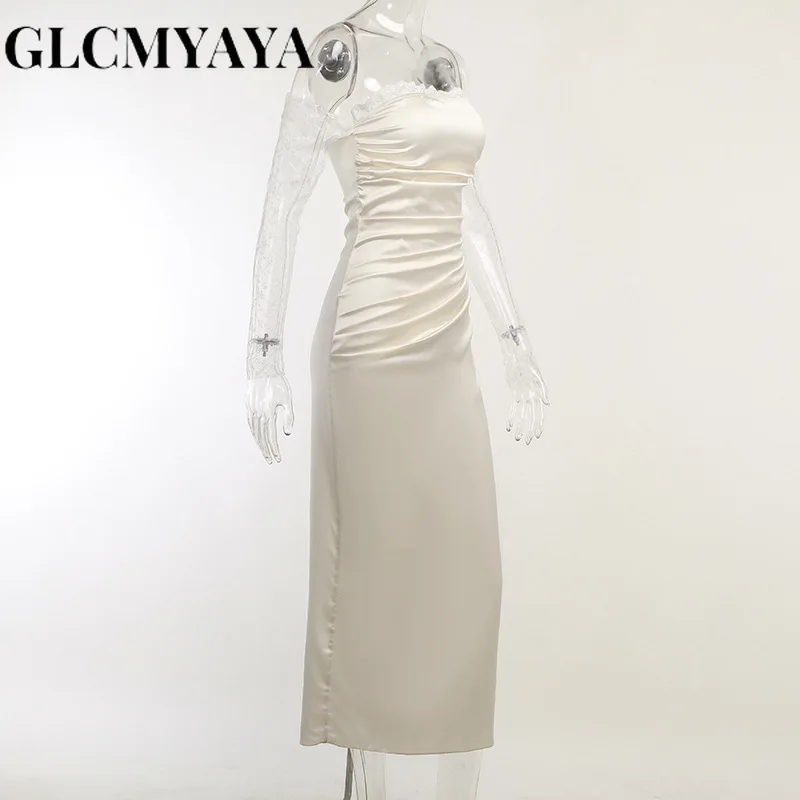 GLCMYAYA-vestido de encaje Vintage para mujer, manga larga, cuello de barco, pliegues empalmados, Bodycon, moda Formal, elegante, vestidos de noche, 2023