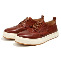 British Retro Men's Full Grain Leather Carved Lace-up Board Shoes Young Male Casual All Match Concise Oxfords