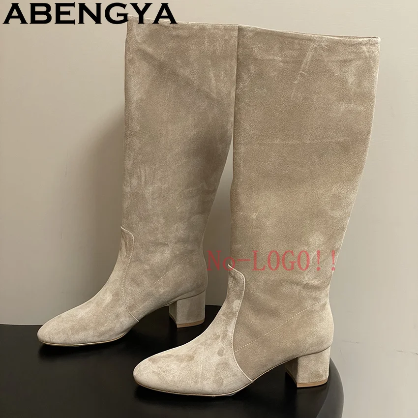 

Осенне-зимние модные женские пикантные сапоги до колена, замшевые сапоги до колена с круглым носком на массивном высоком каблуке, вечерние стриптизерши, Zapatos De Mujer
