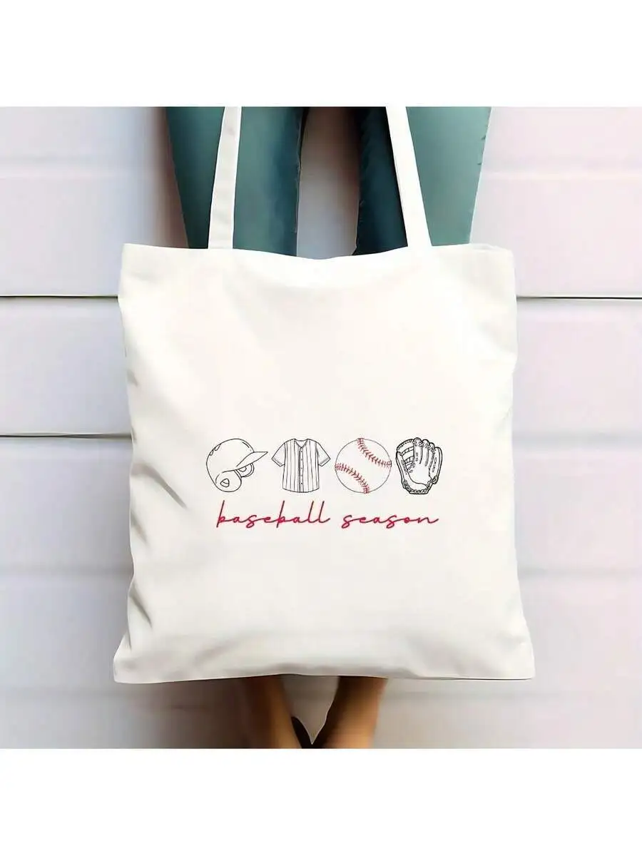 

Baseball Theme Tote Bag With Helmet Jersey Ball Glove Icons Polyester Canvas Casual Sports Handbag For Women