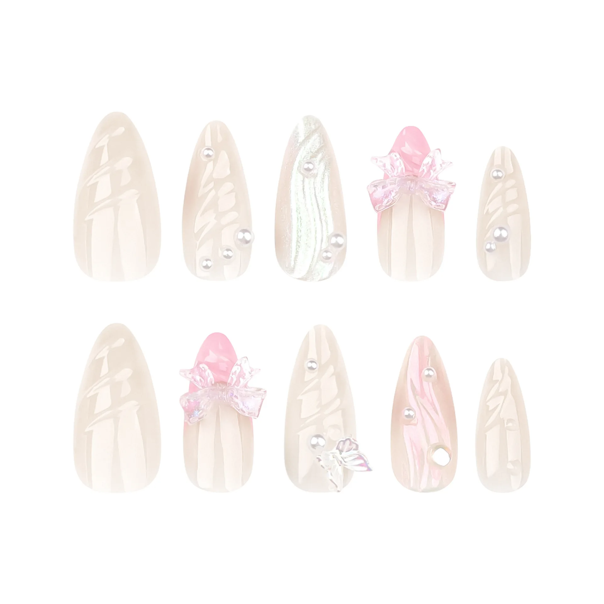 เล็บปลอมสีชมพูหวานสไตล์ฝรั่งเศส 24 ชิ้น ประดับมุก 3 มิติ รูปโบว์ กดติดง่าย ทรงอัลมอนด์ ปิดเต็มเล็บ สำหรับผู้หญิงและเด็กผู้หญิง