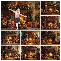 Christmas Teddy Bear Photo Background Xmas Tree Fireplace Toy Bear Holiday Decor Supplies Family Baby Photo Portrait Studio Prop