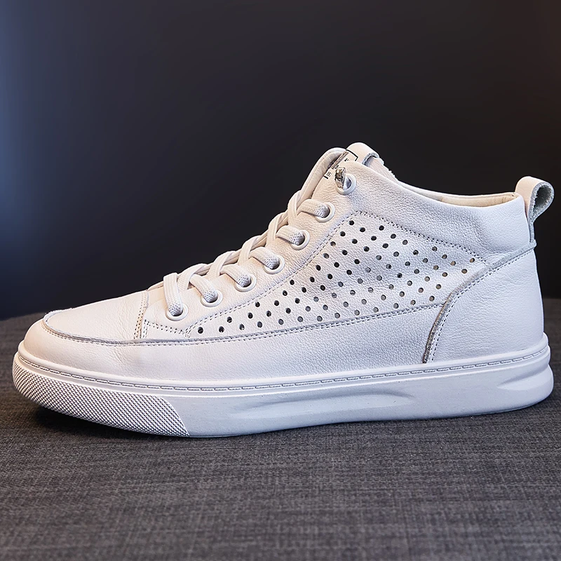 

Women High Top White Sneakers Genuine Leather Breathable Hollow Out Casual Shoes Slip On Flat Board Shoes 2026 Spring Summer New