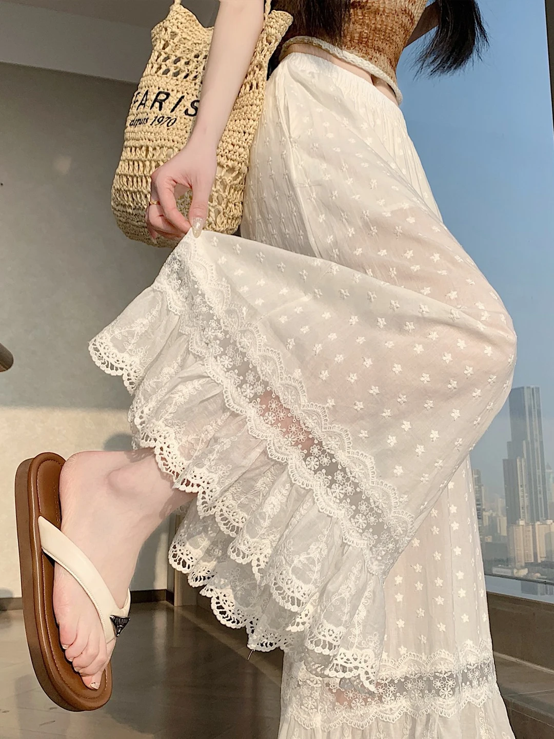 High Waist Wide Leg Pants Women Summer Beautiful Lace Trim Embroidered Casual Loose Slimming White Pants Korean Style
