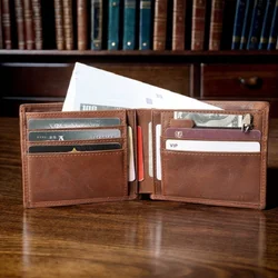 Small Rfid Genuine Leather Bifold Wallet for Men with Zipper Coin Pocket Slim Man Card Holder Purse Two Cash Compartments Wallet