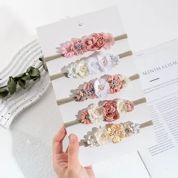 5 pz/lotto fiore artificiale fascia per capelli neonato ragazzi ragazze finte fasce per capelli floreali in nylon principessa accessori per capelli con strass