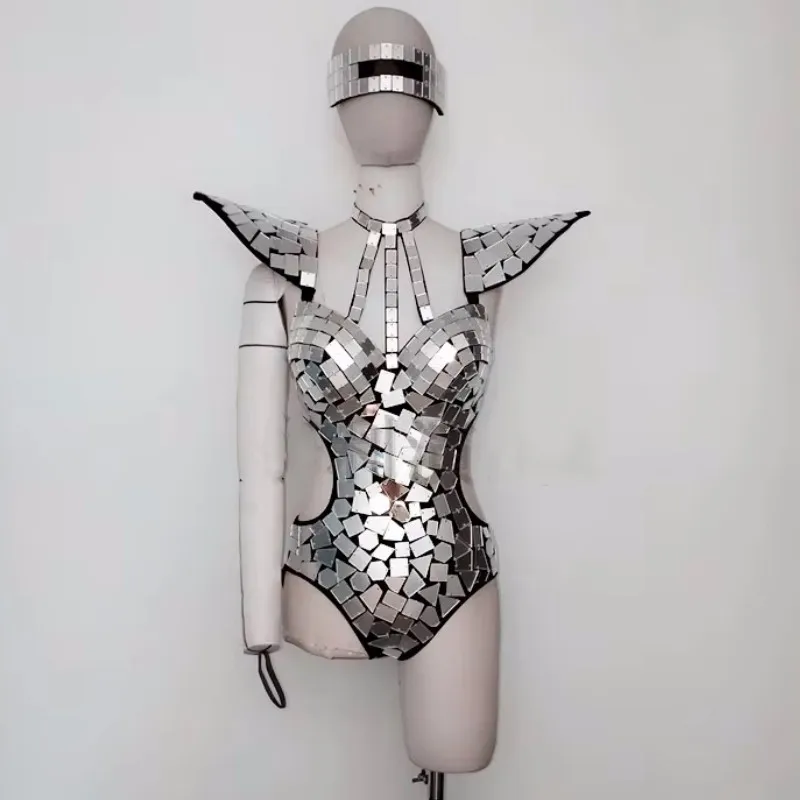 

Gold Silver Mirror Fly Shoulder Backless Bodysuit for Women Jazz Dance Team Sexy Stage Wear Nightclub Singer Drag Queen Costume