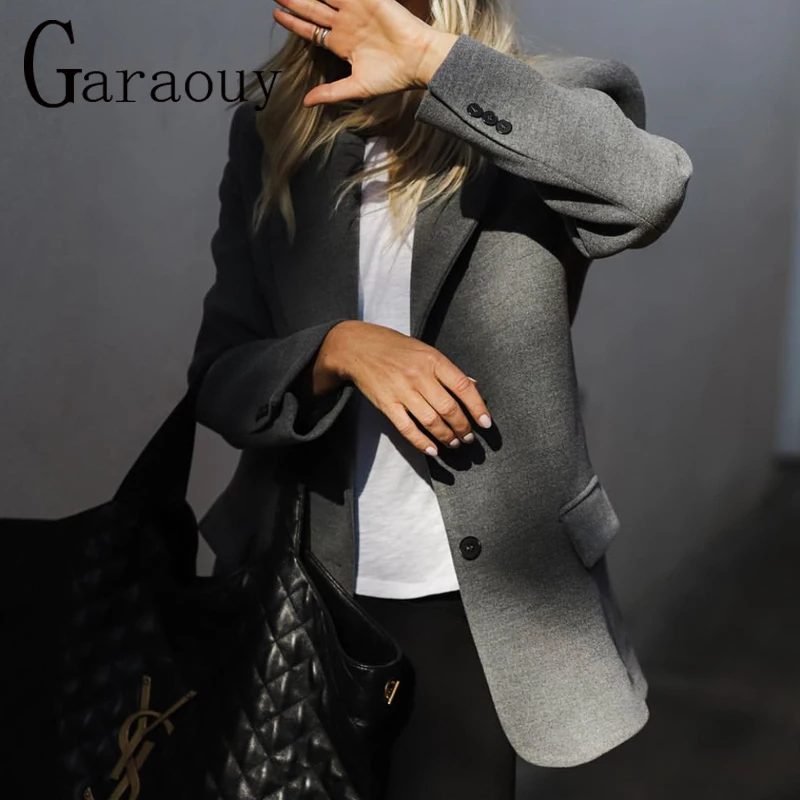 Garaouy 2024Spring Women Lapel Single Breasted Long Sleeve Shoulder Pad Straight Tube Suit Jacket Office Lady Blazer Coat Female