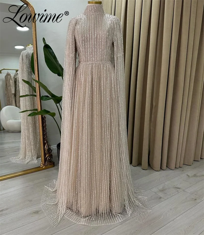 Champagne Arabic Dubai Evening Dress Bespoke Occasion Dresses 2024 Robe De Soiree Cape Sleeves A Line Party Gowns Abendkleider