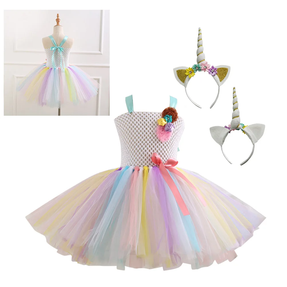 

Unicorn Headband Rainbow Dress for Girl White Child Costume Set Mesh Material Hand Wash Adjustable Straps Bowknot Back Tiered