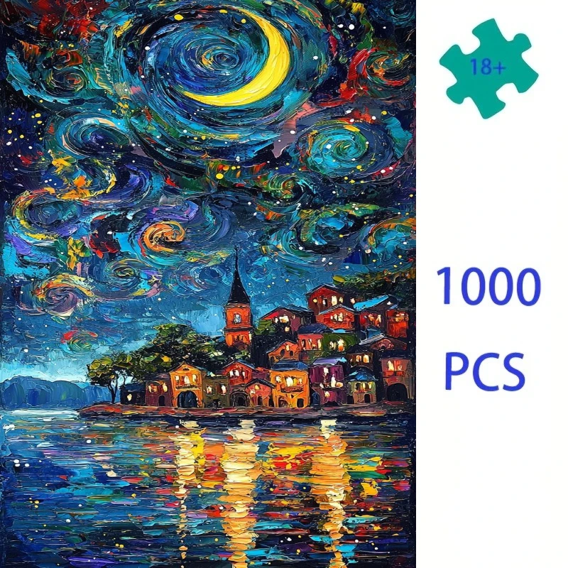 

500/1000 PCSJigsaw Puzzle Van Gogh Inspired Coastal Village Home Family Activity Games for Gameroom Bedroom Home Decor Frameless