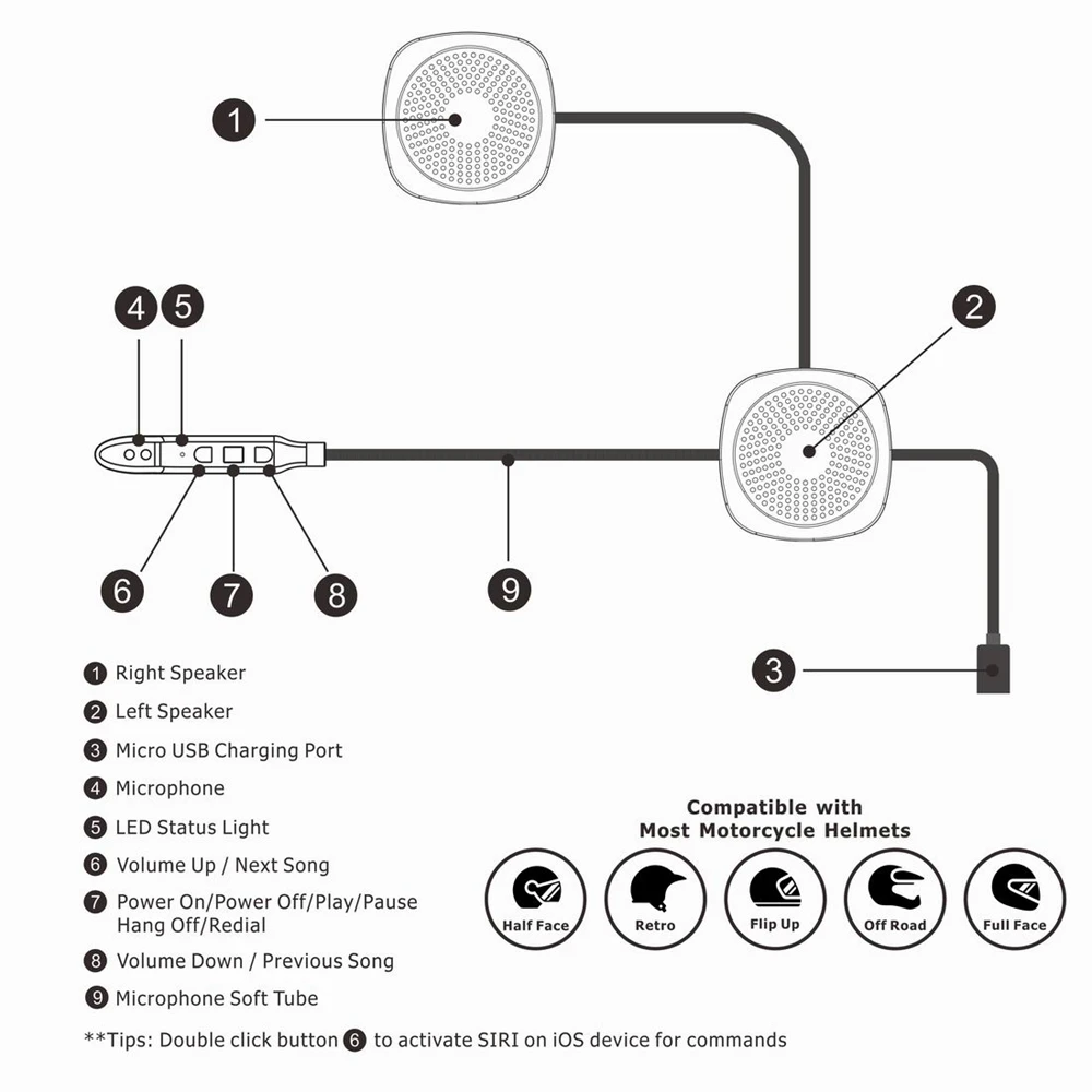 Kebidumei-auriculares inalámbricos para casco de motocicleta, cascos con Bluetooth V5.0, estéreo, altavoz, micrófono manos libres, Control de voz