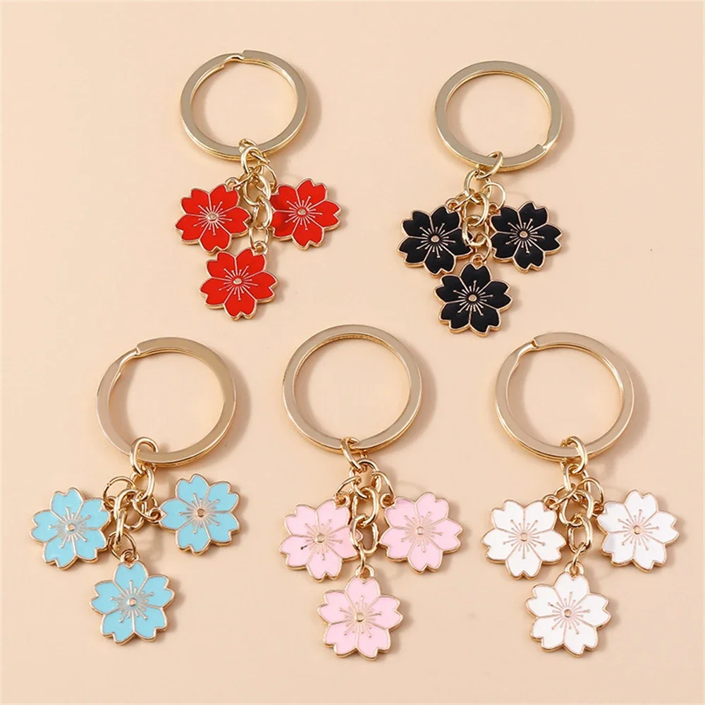 Colorful Enameled Flowers Charms Keychain Simple Cherry Blossom Tassel With Key Holder For Women Purse Bag Decor Accessories