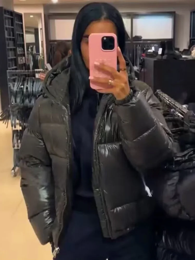 

HH Woman Winter Fashion Long Sleeves Solid Pockets Zipper Hooded Jacket Female Casual Drawstring Bread Cotton-padded Jacket