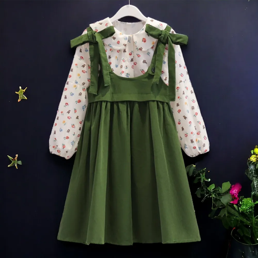 Girls Flower Dresses & Shirt 2pcs Set Kids Outfits Back to School Uniform Party Dress Autumn Children Costumes 5 7 9 11 13 Years