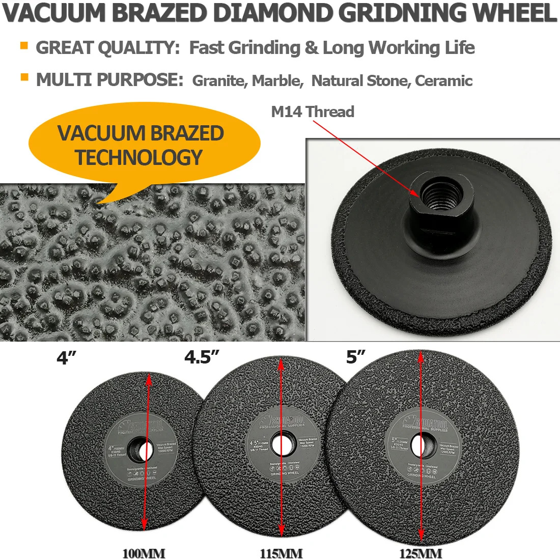 SHDIATOOL 1Pc Dia100mm M14 Vacuum Brazed Flat Grinding Wheel 4Inch Grinder Disc For Granite Marble Artificial Stone