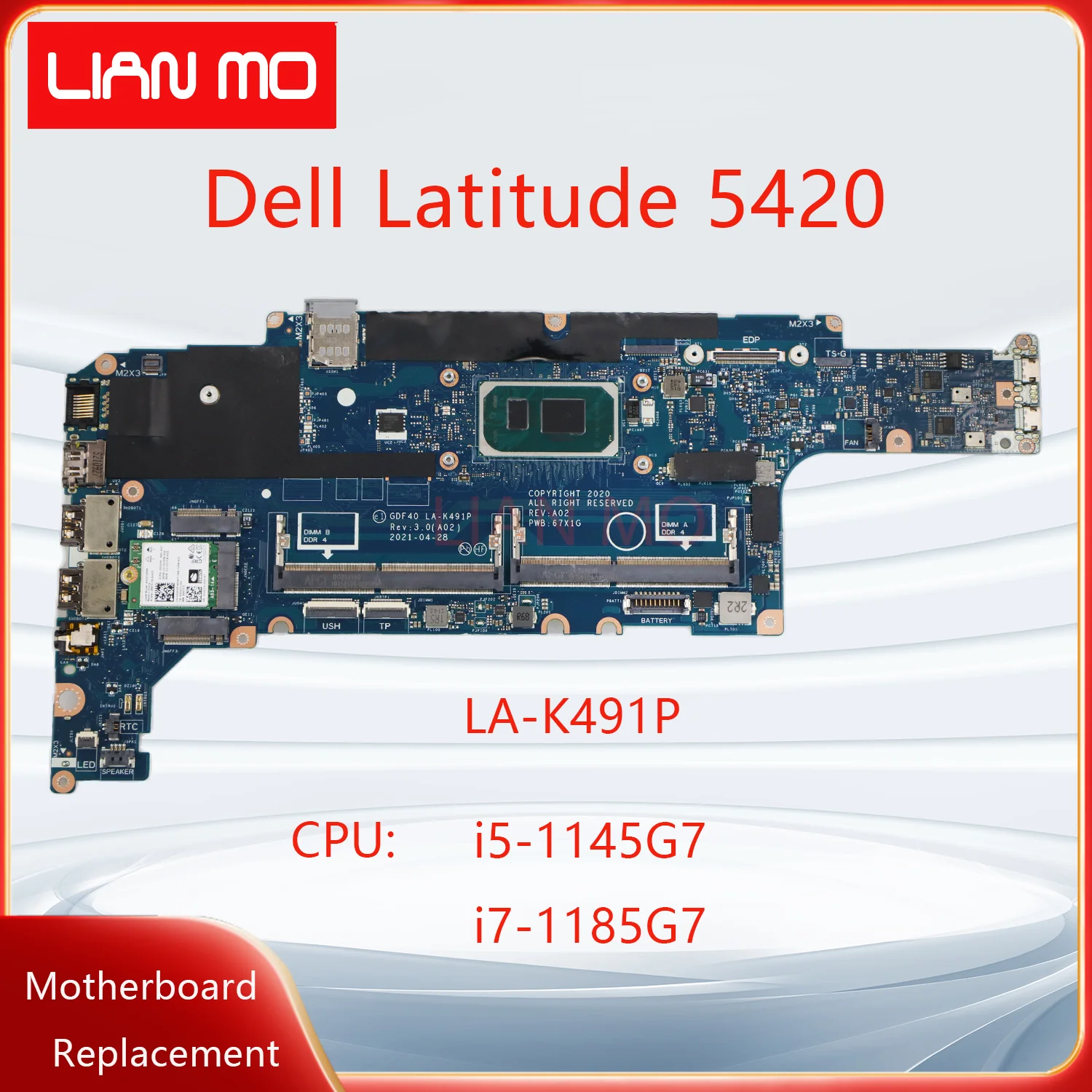 LA-K491P Voor Dell Latitude 5420 Laptop Moederbord met CPU: i5-1145G7 i7-1185G7 FRU: 01M3M4 M51J7 0M51J7 054CCV