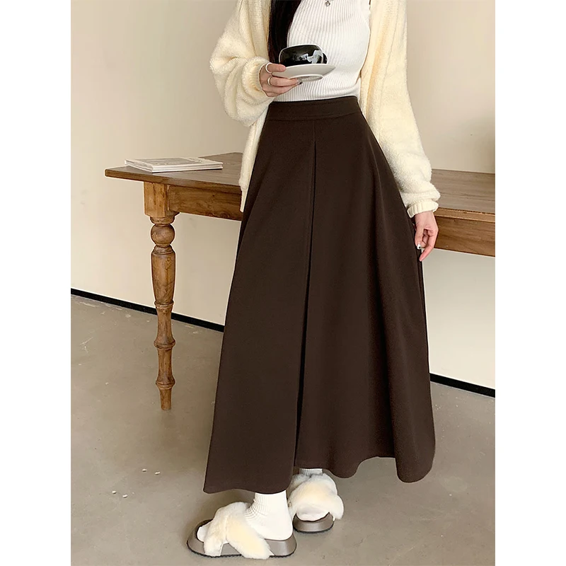 

Woolen Midi Skirt Women Fashion Streetwear Black Pleated Skirts Winter Ladies Elegant Korean High Waist Casual A Line Faldas New