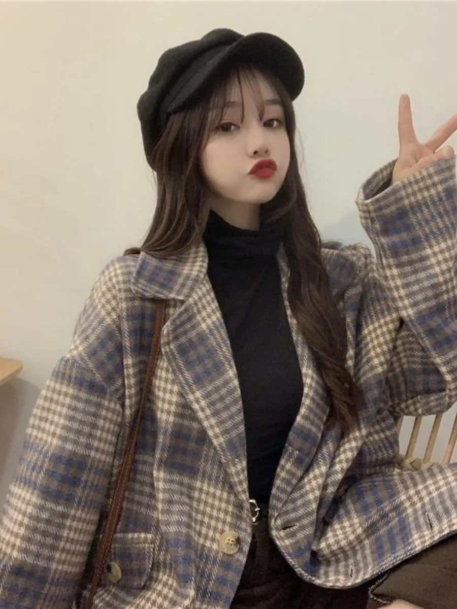 

Autumn Winter 2025 Women's Wide Fit Midi Length Suit Collar Plaid Hong Kong Style Long Sleeve Woolen Coat Multi-Piece Set