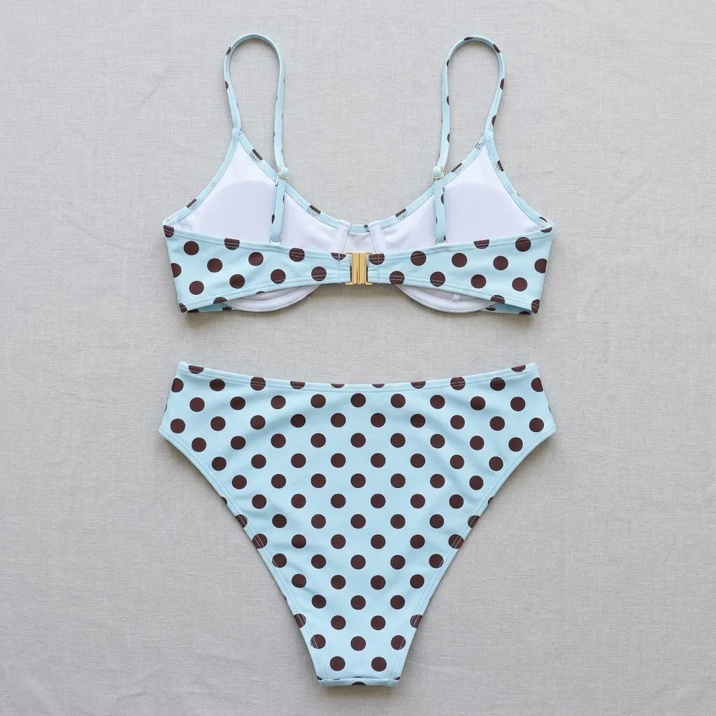 JEWELRY SEN Damen Polka Dot Twist-Front Bandeau Bikini Set 2-teiliger High-Cut Trägerloser Sommer-Strand-Badeanzug – Detail 4
