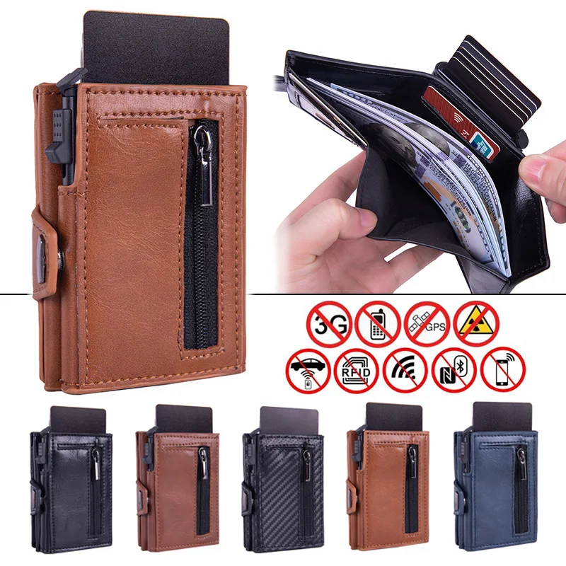 Carbon fiber Automatic Pop Up Men Purse Signal Shielding Bag Faraday Bag ID Credit Card Holder Rfid PU Leather Money Clip