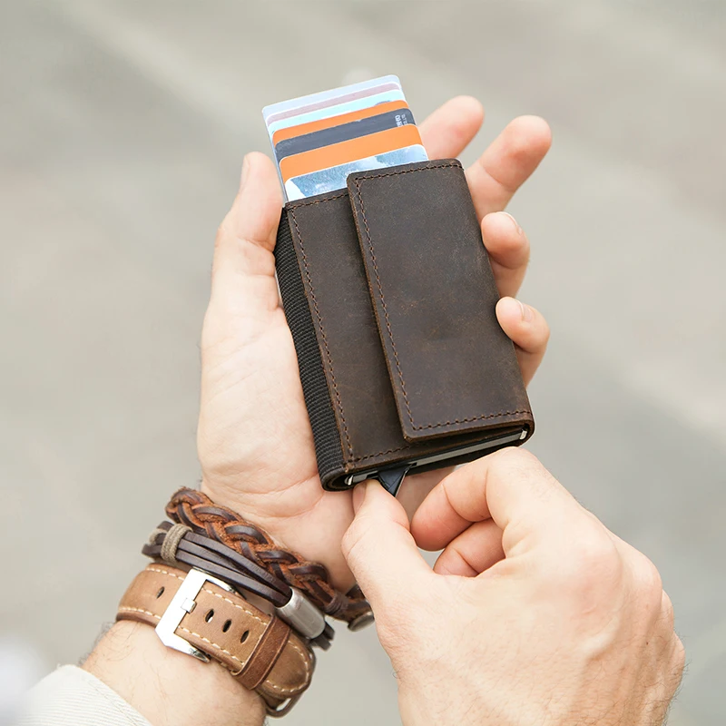 Genuine Leather RFID Credit Card Holder for Men Aluminium Box Travel Card Case Pop up Men Card Wallets Slim Money Clips