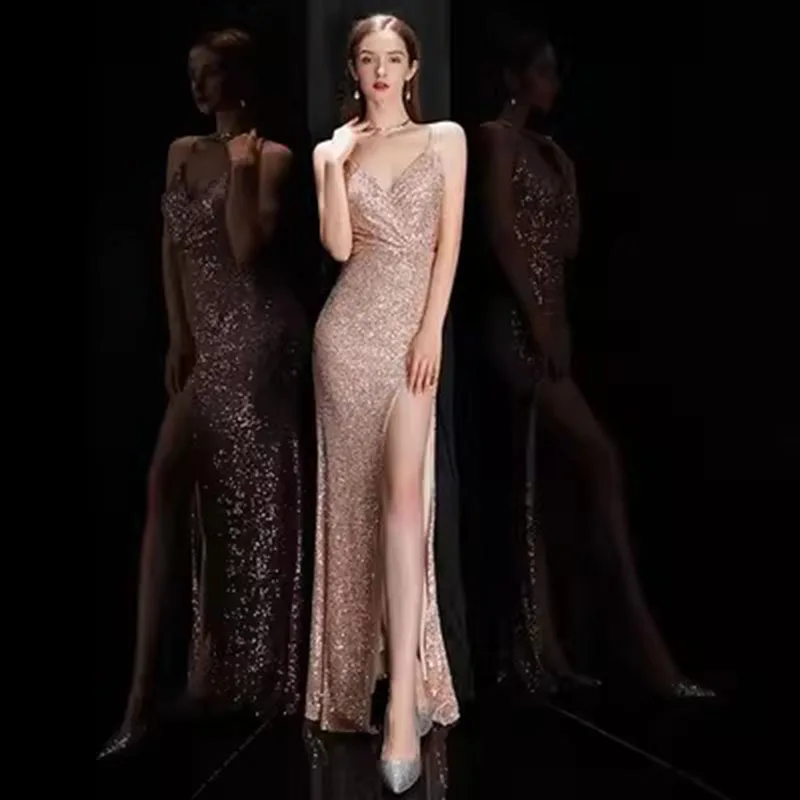 Half dressed 2024 suspender banquet evening dress for women's high-end sexy temperament annual meeting fishtail long dress