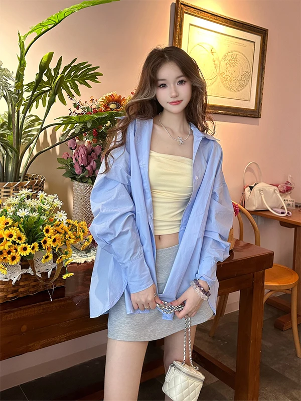 

Повседневная свободная синяя рубашка с длинным рукавом для женщин, новая модная корейская универсальная верхняя одежда в свободном стиле, весенний сезон, стандартный крой.