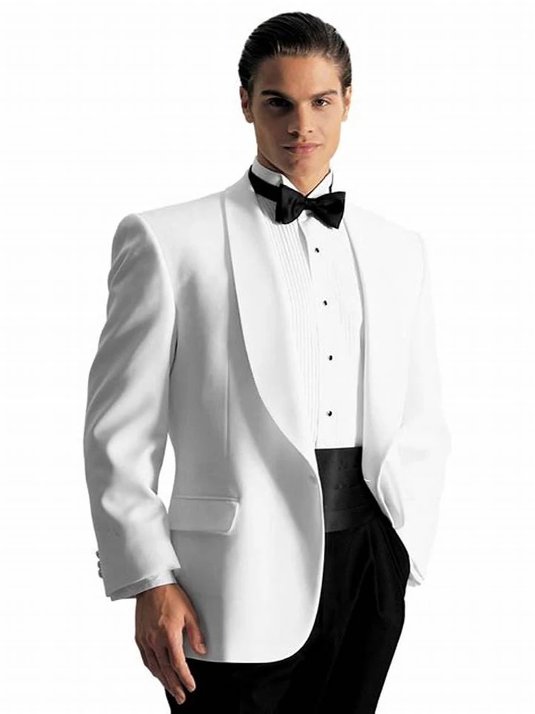 Men\'s Suits 2 Pieces Shawl Lapel Slim Fit Wedding Dinner Tuxedo Suits for Men Business Casual White Jacket & Black Trousers