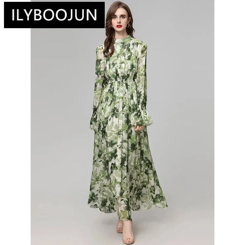 

ILYBOOJUN Fashion Designer Spring Dress Women's Flare Sleeve Flower Print High Waist holiday vacation Long Dress