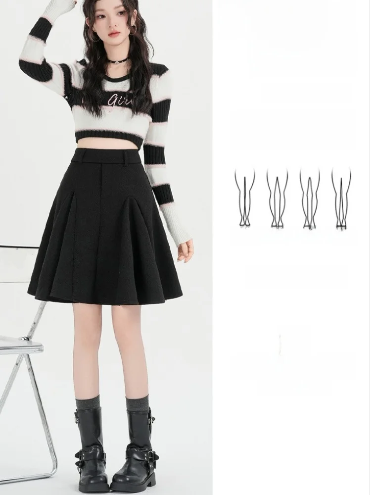 Bloemen Wollen A-lijn Rok Dames Herfst Winter Verdikte Kanten Zoom Hoge Taille Die Heup Afslanken Paraplu Rok