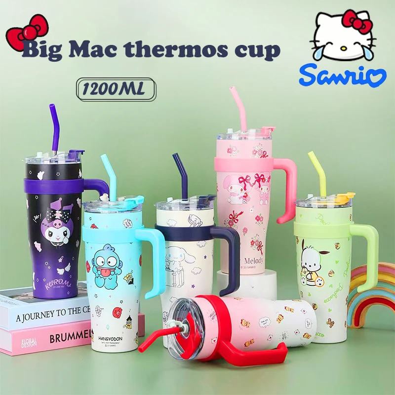 Botella termo Sanrio Hello Kitty de 1200ML, bonita taza Kuromi de acero inoxidable con pajita, taza de café caliente y frío de gran capacidad, regalos