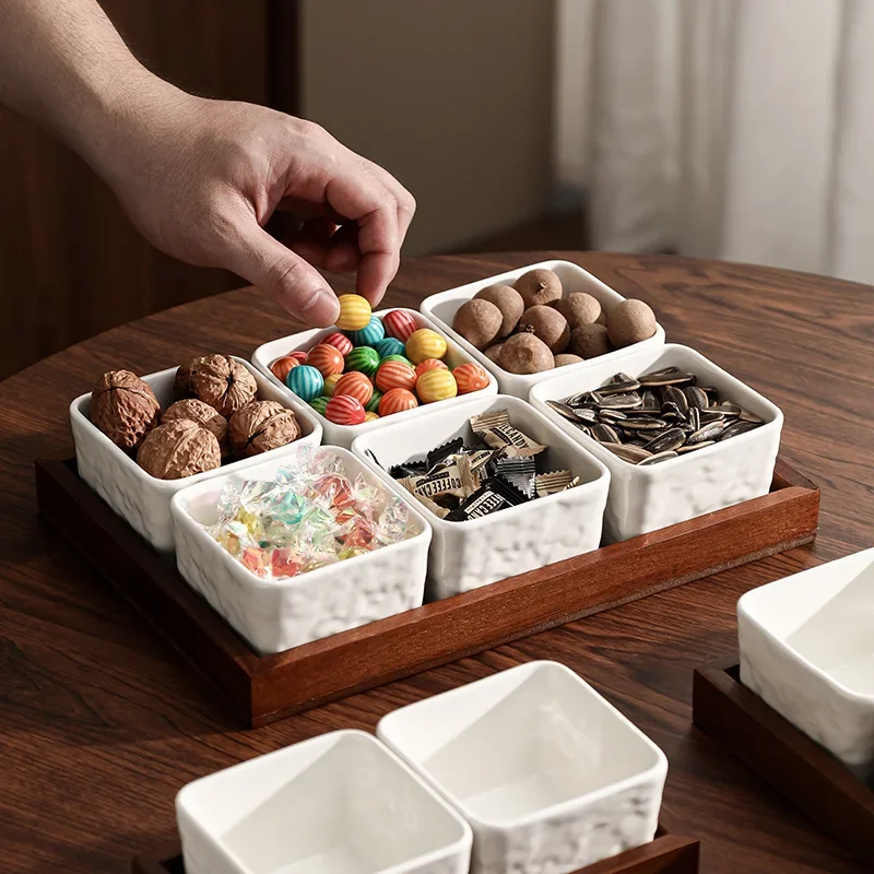 

Modern Nut Candy Biscuit Fruit Plate Home Ceramic Grid Snack Plate Exquisite White Square Bowl with Wooden Tray Home Decoration