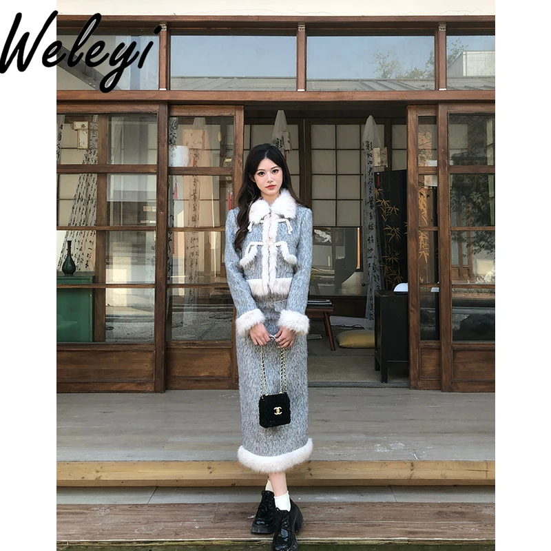 Winter Sweet Outfit Elegant Furry Stitiching Padded Cotton Thickened Short Coat and Ladies Slimming Mid-length Skirts Full Set