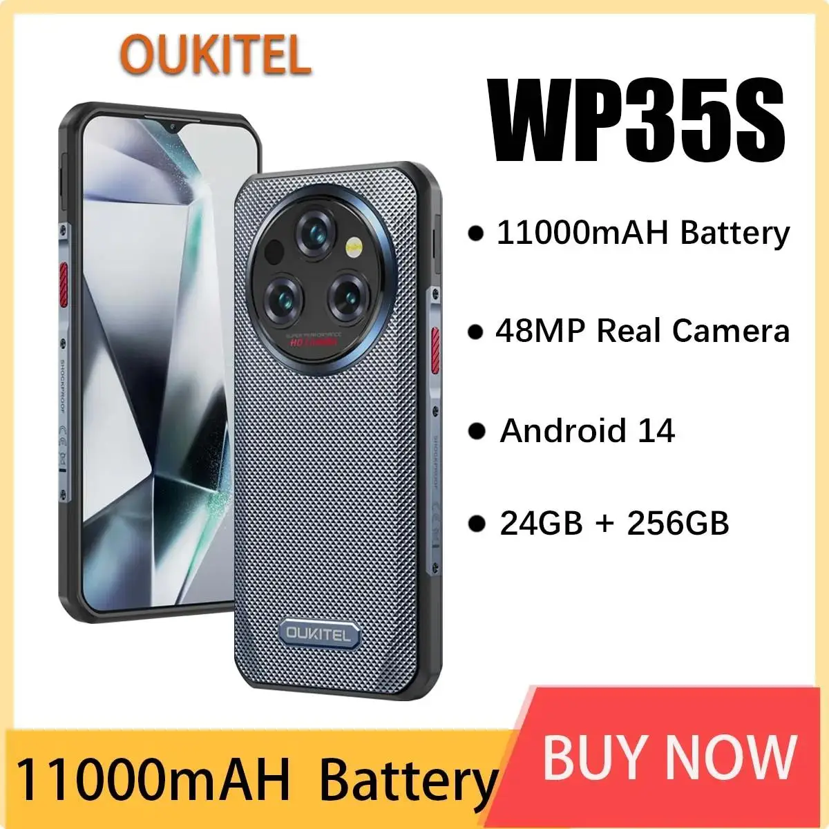 OUKITEL WP35S Rugged Smartphone MediaTek Dimensity Helio G85 6.56 Inch Android 14 11000mAH Battery 48MP Camera Mobile Phone