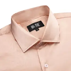 Hi-Tie Salmon Champagne Solid Satin Silk Mens Shirts Lapel Collar Long Sleeve Dress Shirt Soft Blouse for Male Wedding Business