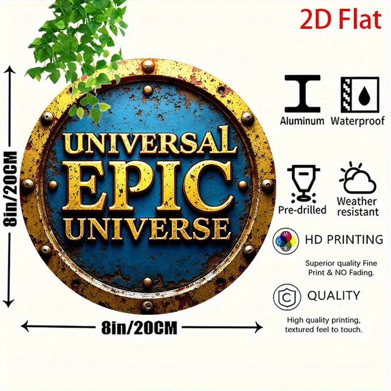 مسطح ثنائي الأبعاد، قطعة واحدة من لافتة ديكور الحائط المستديرة القديمة تشبه المعدن العتيق - حروف ذهبية ملحمية للكون، مخطط ألوان أزرق وذهبي ريفي #1