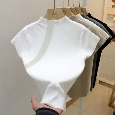 기본 터틀넥 솔리드 얇은 여름 풀오버 여성 여성 니트 스웨터 슬림 반소매 Bodycon 스웨터 2025