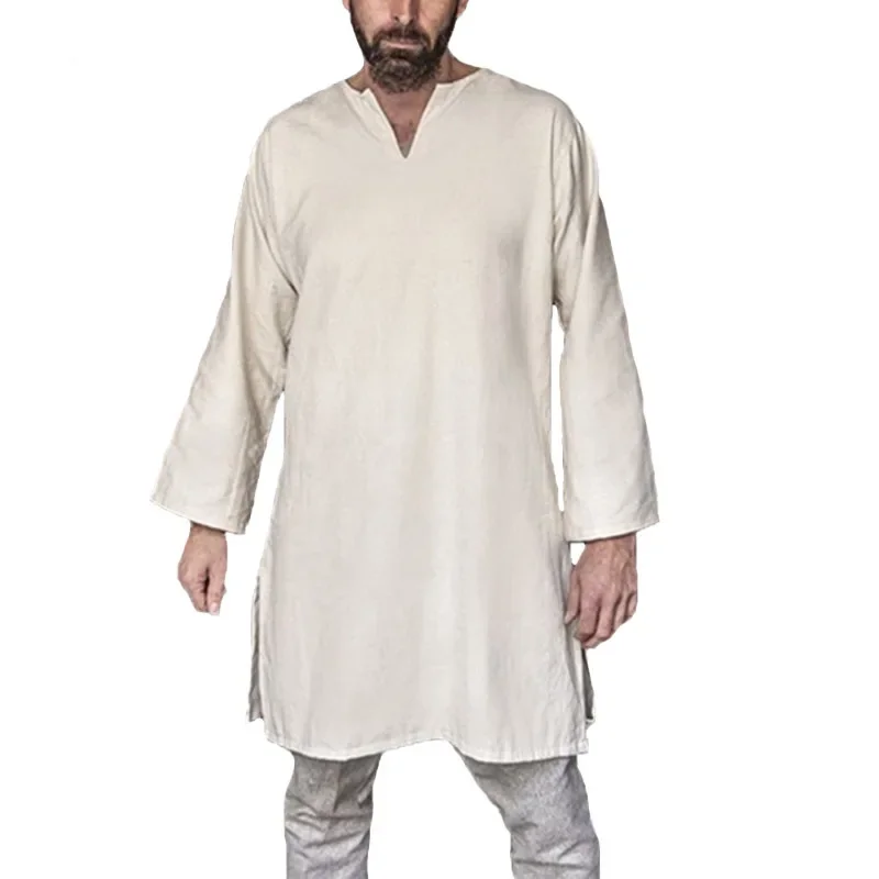 Camicie da uomo medievali europee Tunica Top vichinghi Uomini adulti Guerriero Costume da pirata Camicia a maniche lunghe in cotone Costumi Cosplay di scena