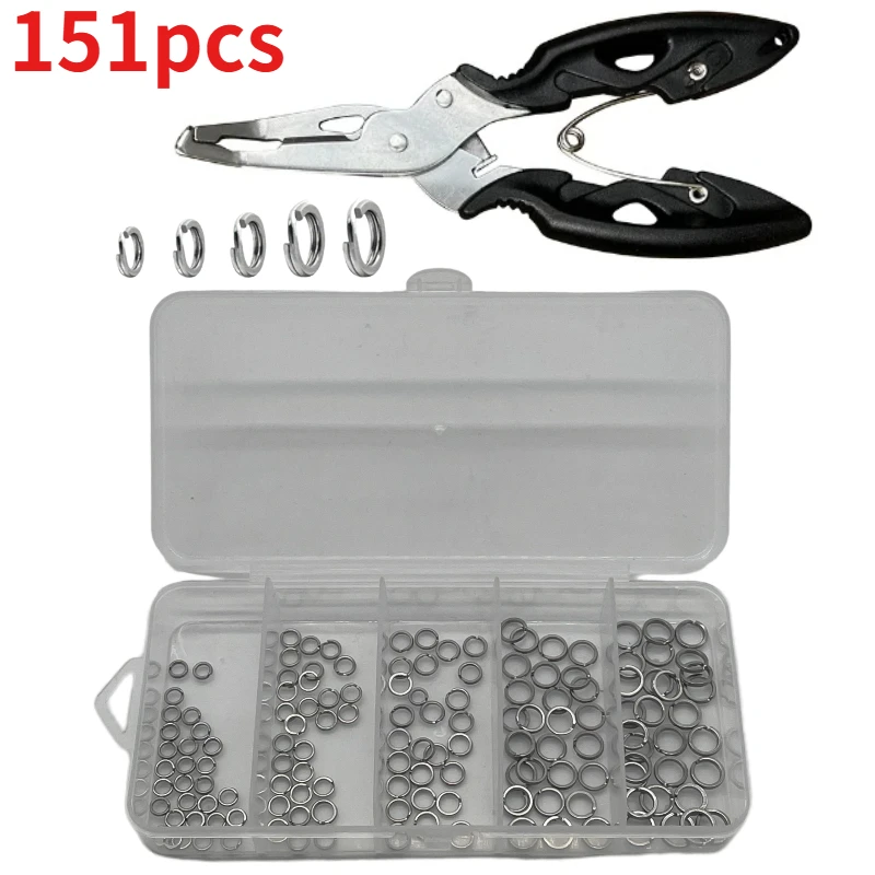 151pcs Stainless Steel Fishing Split Ring Ring Connector Set Inclusion Stainless Steel Open Ring and Fishing Pliers Fishing Tool