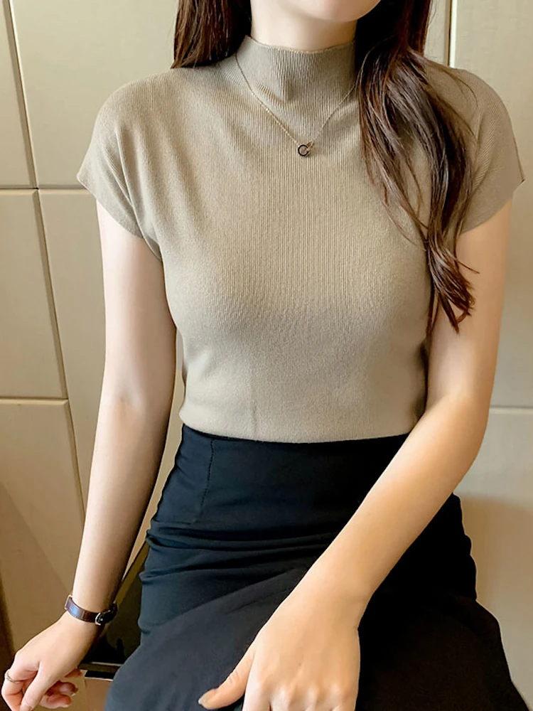 Frauen Sommer Sexy Gestrickte Rollkragen Ärmellose T-Shirts Tops Solide Slim Fit Pullover Kausalen Tees Weibliche Streetwear Grundlagen Tees – Detail 11