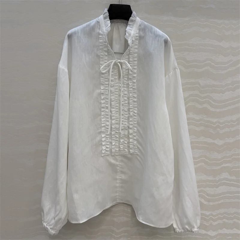 

Women's shirt 2026 summer new pleated lace slim fit women's long sleeved top High quality linen blend Women's blouse thin coat