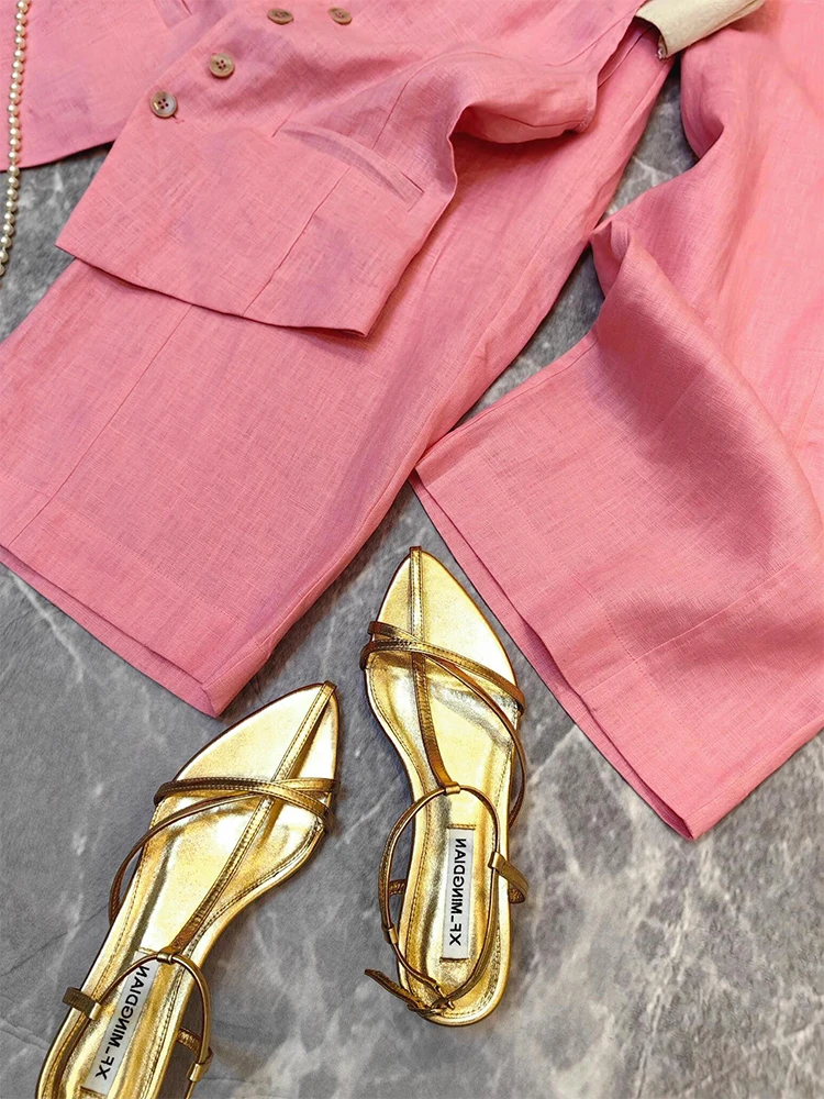 Été femmes Faion rose lin coton v-ne costume gilet ensemble pantalons longs deux pièces ensemble Ele Street Sle vêtements de travail