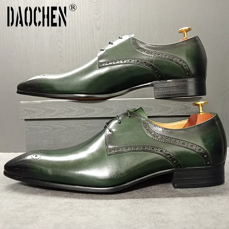 Luxe Merk Derby Heren Schoenen Kanten Puntige Neus Brogue Groene Zwarte Schoenen Vrijetijdsjurk Trouwkantoor Lederen Schoenen Heren