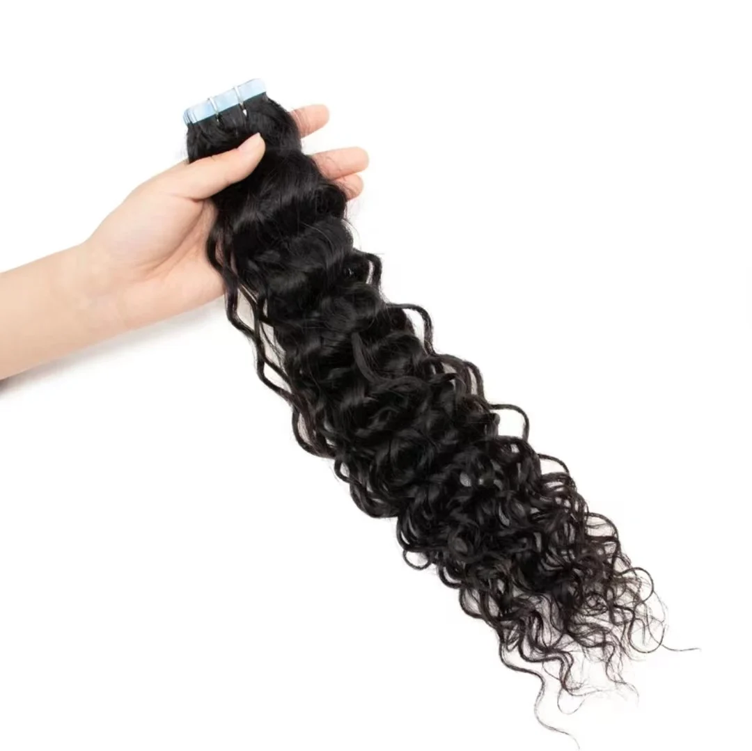 Cinta de onda de agua en extensión de cabello humano brasileño, cinta de trama de piel en cabello humano rizado, cinta de 20 piezas en extensiones de cabello