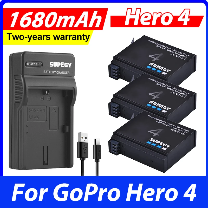 Batería de Repuesto SUPEGY 1680mAh Hero 4 + Cargador USB para GoPro HERO4 GoPro AHDBT-401 Cámara de Acción