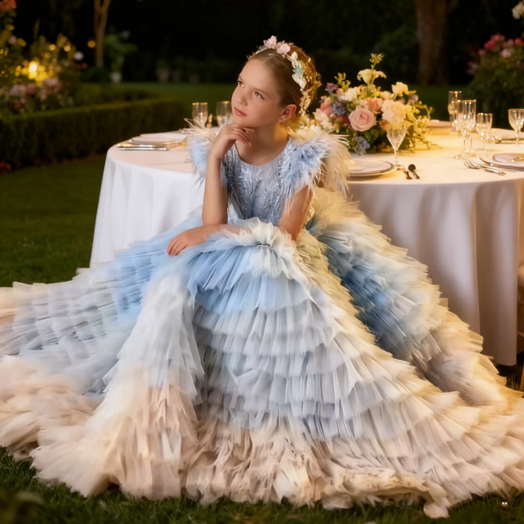 فساتين فتاة الزهور لحفلات الزفاف ذات طبقات مزينة بالريش الرائع للأطفال والمناسبات الرسمية والحفلات المسائية حسب الطلب #3